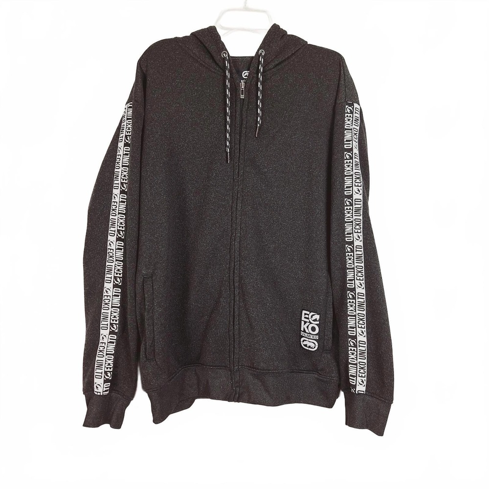 Ecko Unltd Mens XL Gray Heathered Full Zip‎ Hoodie Logo Tape Sleeves Streetwear